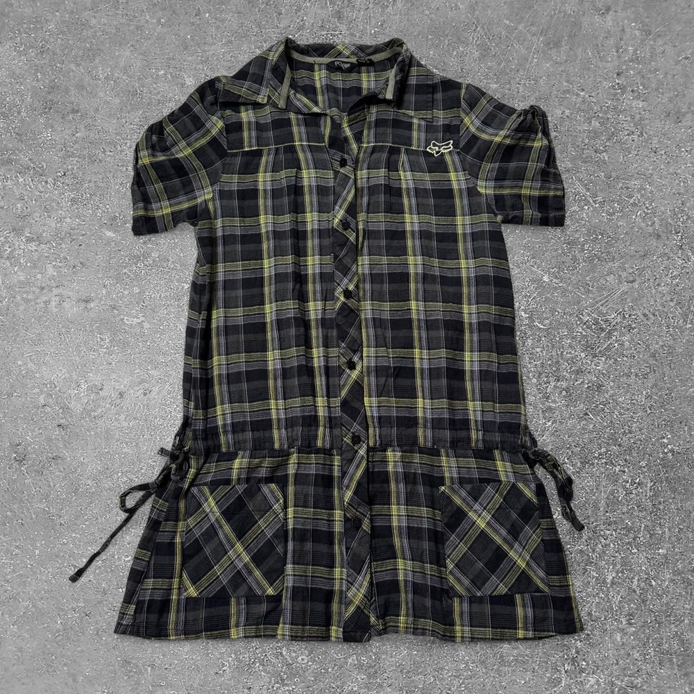 Fox Racing Black Yellow Plaid Mini Dress Tie Waist Motocross Women Medium